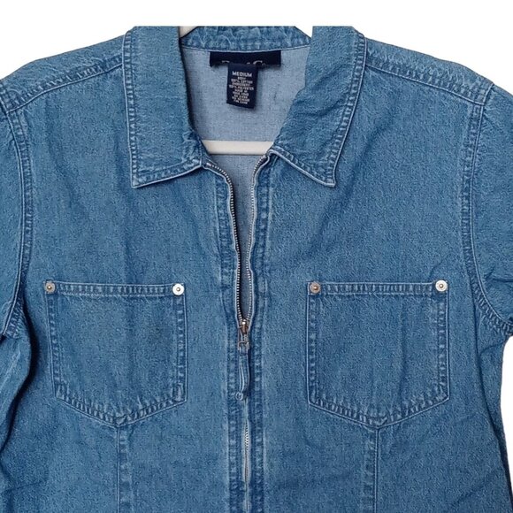 Denim & Co Blue Denim Zip-Up Top Shirt Blue Shacket Jacket Floral Embroidery - Picture 4 of 6